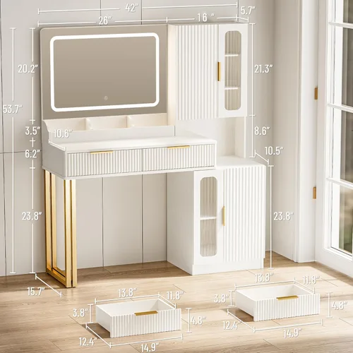 Miniatura 3 de Moderno escritorio de maquillaje de 45 pulgadas con espejo y luces, tocador de maquillaje con 5 estantes y 2 cajones y gabinete, mesa de tocador
