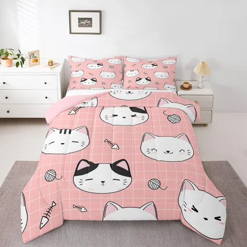 Miniatura 15 de Erosebridal Juego de ropa de cama para niños, tamaño individual, diseño de gatos de dibujos animados, para niñas, niños y adolescentes, edredón