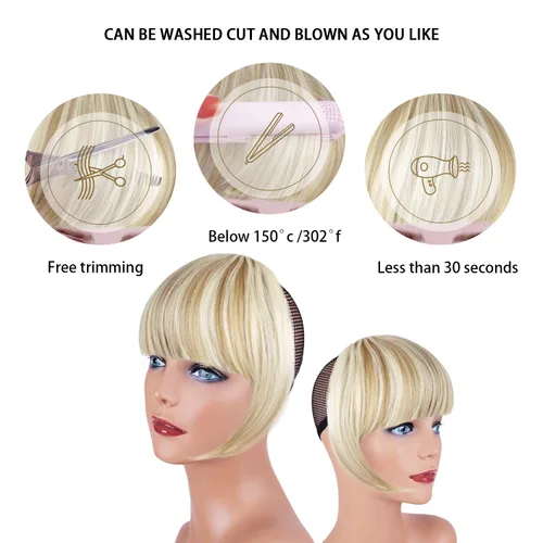 Miniatura 6 de Extensión de cabello rubio ceniza, clip de flequillo francés, grueso y natural, flequillo ordenado, flequillo recto con fleco con sienes, una pieza