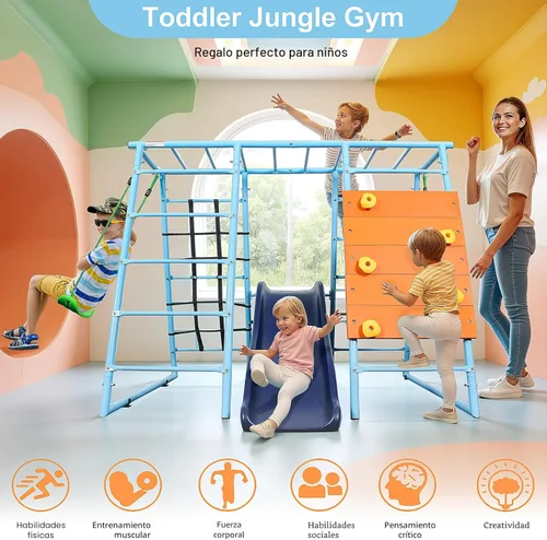 Miniatura 6 de Parque infantil interior 6 en 1, gimnasio de la selva de metal con pared de escalada, tobogán, barras horizontales, escaleras de cuerda y dos
