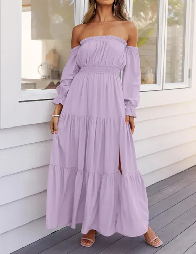Miniatura 134 de ZESICA - Vestido largo, bohemio y sexy, con hombros descubiertos y manga larga fruncida, con elástico fruncido, cintura alta y abertura lateral