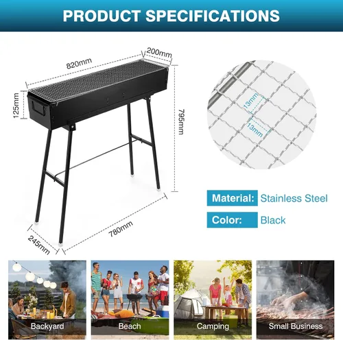 Miniatura 3 de IRONWALLS Parrilla portátil de carbón de 32 pulgadas, parrilla plegable de acero inoxidable negra para cocinar al aire libre, parrilla grande