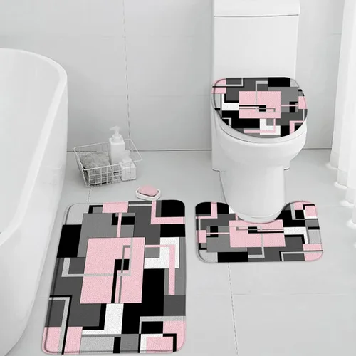 Miniatura 10 de Juego de 3 tapetes de baño geométricos rojos, negro, blanco y gris, líneas minimalistas abstractas geométricas de mediados de siglo, cubierta