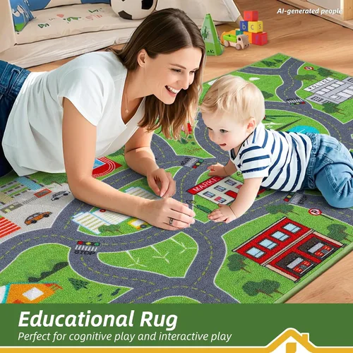 Miniatura 7 de BEQHAUSE Alfombra de juego para niños, alfombra de tráfico de ciudad verde, ideal para jugar con autos, alfombra de área de juegos de 32 x 60