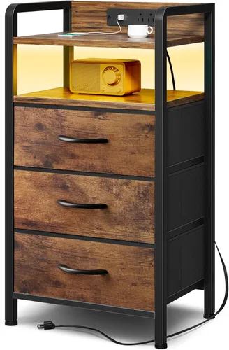 Miniatura 13 de Lazzanto Mesita de noche para dormitorio, mesita de noche con estación de carga y tira de luz LED, mesita de noche con estante de almacenamiento y 2