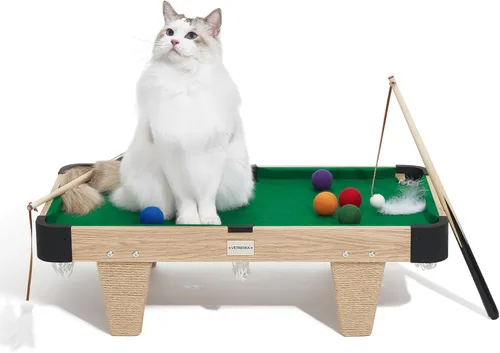 Miniatura 2 de VETRESKA Mesa de billar mini 4 en 1 para juguetes de gatos, regalo para gatos, juguete de varita con plumas, juguete de rompecabezas de bola