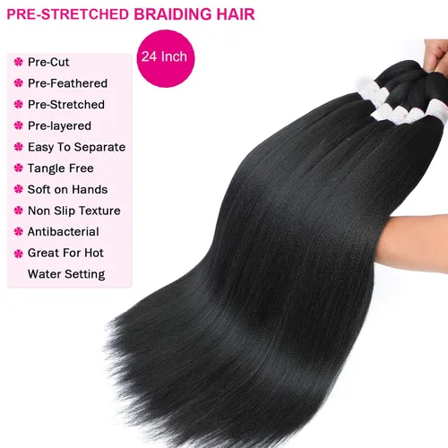 Miniatura 3 de BEFUNNY Paquete de 8 extensiones de cabello trenzado preestiradas 24 pulgadas, pelo profesional pre-estirado para crochet, trenza o rizo natural, 1b#