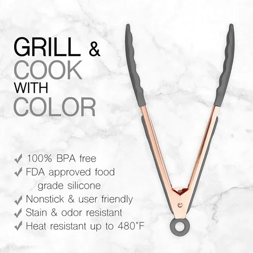 Miniatura 2 de COOK with COLOR - Pinzas de cocina de acero inoxidable con punta de silicona para cocina (2 unidades, 9” (22.86 cm) y 12” (30.48 cm))