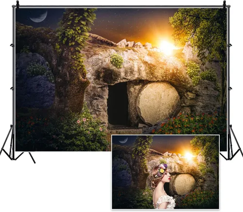 Fondo de fotografía de tumba de piedra vacía de 5 x 3 pies Crucifixión de Jesucristo Luces Santas Fondo de cruz Dios bendiga a Jesús Cristiano Reza