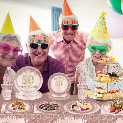 Miniatura 3 de 121 piezas de suministros para fiesta de cumpleaños número 50, platos, servilletas, vasos, tenedores, mantel, color oro rosa, con temática de feliz