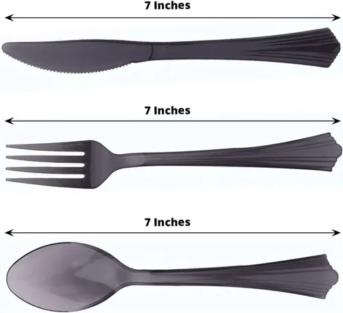 Miniatura 3 de Efavormart - Juego de 24 cubiertos de plástico transparente negro resistente con mango de punta acampanada, cuchara de tenedor desechable