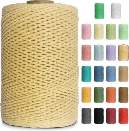 Cuerda de macramé de colores de 0.039 in, cuerda de algodón de 656 pies, 3 hebras trenzadas, cuerda de algodón colorido para manualidades, Amarillo