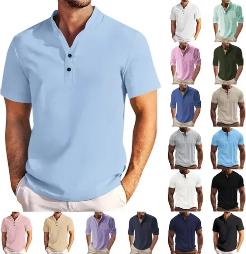 Miniatura 12 de Camisa de lino para hombre, manga larga, Henley, casual, verano, grande, alta, algodón, ligera, para negocios, trabajo, vacaciones, crucero