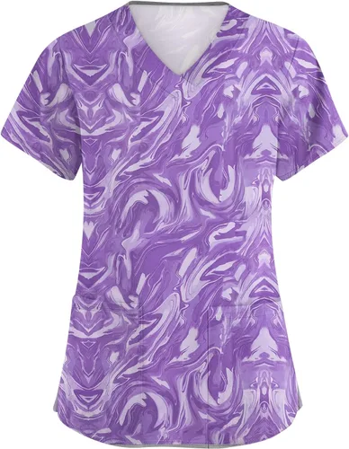 OIOLOYJM Camiseta médica estampada para mujer, cuello en V, manga corta, talla grande, uniformes de enfermería, camisas con bolsillos