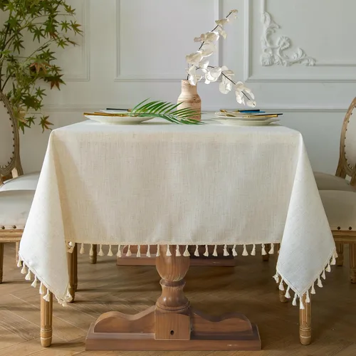 Miniatura 4 de Mantel rectangular de lino beige crema para comedor y cocina, mantel rectangular de arpillera de lino con borlas, resistente, rústico, campestre