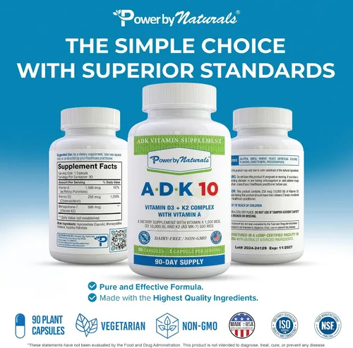 Miniatura 6 de Power By Naturals ADK 10 - Vitamina A de alta potencia, D3 10000 IU, suplemento K2 MK7 – 90 pastillas (1 unidad) para 3 meses de apoyo a la salud