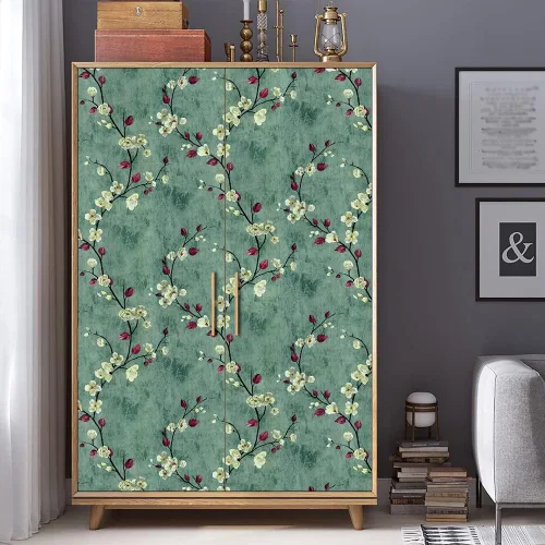 Miniatura 6 de Papel tapiz floral para despegar y pegar, 17.7 pulgadas x 9.8 pies, flor de ciruela verde, extraíble, autoadhesivo, papel de contacto decorativo