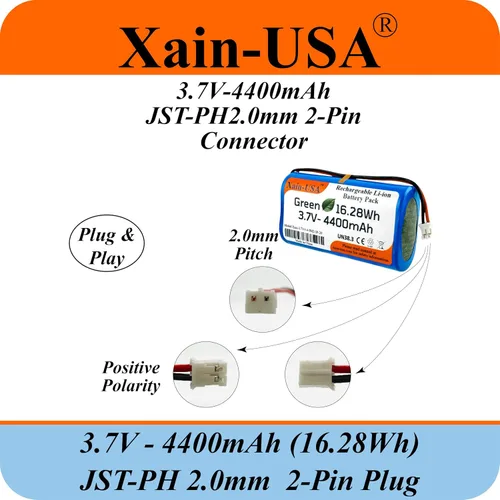 Miniatura 4 de Paquete de 1 batería de iones de litio de 3.7V 4400mAh con conector JST‑PH de 2 pines para electrónica, luces LED, juguetes, GPS y nodos solares