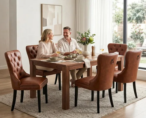 Miniatura 5 de Shunzhi Juego de 2 sillas de comedor de cuero beige, modernas de mediados de siglo, sillas de cocina tapizadas con capitoné, sillas auxiliares