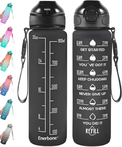 Enerbone Botella de agua potable de 32 oz con tiempos para beber y popote, motivacional con correa para llevar, a prueba de fugas, sin BPA ni NEGRO