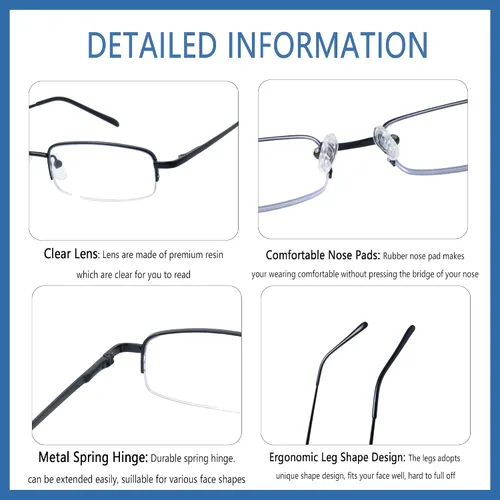 Miniatura 4 de Paquete de 4 lentes de lectura de medio marco de metal para hombres y mujeres, lentes de bloqueo de luz azul con bisagras de resorte