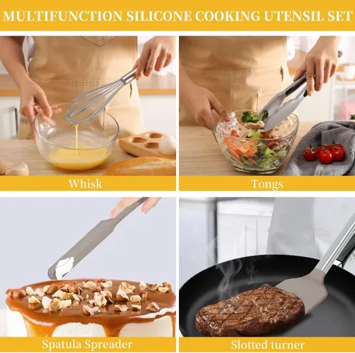 Miniatura 3 de Juego de utensilios de cocina de silicona con mango de acero inoxidable, juego de espátula, juego de utensilios de cocina, utensilios de cocina