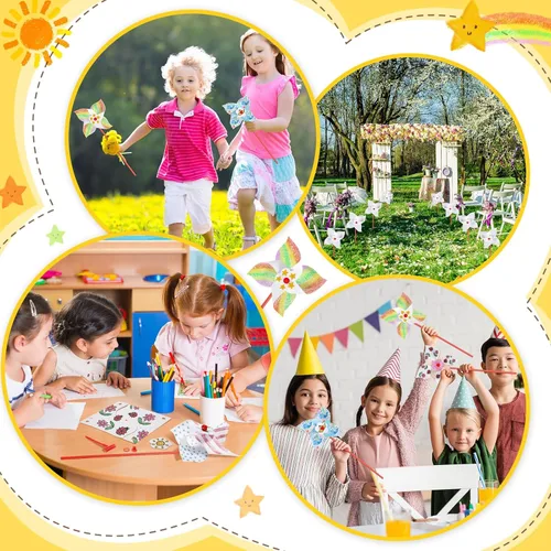 Miniatura 5 de Simgoing 200 molinetes de bricolaje para niños, papel de recuerdo de fiesta, kits de manualidades de verano, molinetes blancos a granel