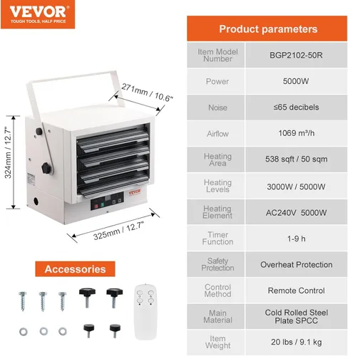 Miniatura 7 de VEVOR Calentador Eléctrico para Garaje de 5000W, Montaje Digital de Pared/Techo con Ventilador Forzado y Control Remoto, Temporizador de 9 Horas