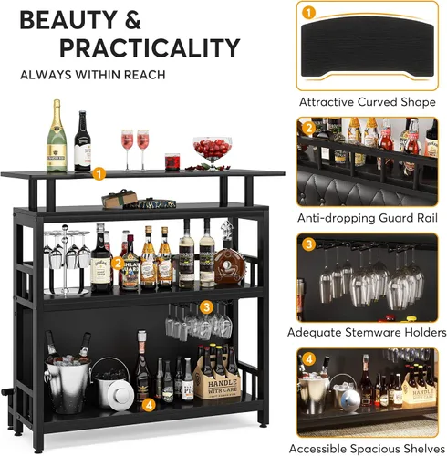 Miniatura 6 de Tribesigns Unidad de Bar para el Hogar para Licores, Mesa de Altura de Bar de 44 Pulgadas con Almacenamiento, Mesa de Pub de Entretenimiento Negra