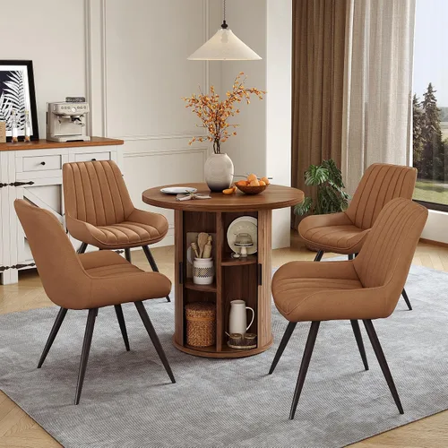 Miniatura 46 de Miereirl Juego de mesa y sillas de comedor moderno redondo, con una mesa de comedor de madera equipada con compartimentos de almacenamiento