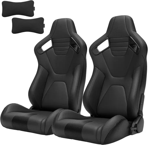 Miniatura 14 de 2 piezas de asientos universales de carreras con deslizadores de doble bloqueo, 1 par de asientos de cubo de cuero PVC con dos almohadas de Negro