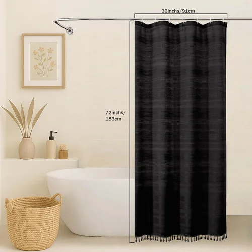 Miniatura 2 de OVZME Cortina de ducha bohemia negra, cortina de ducha estrecha de tela suave a rayas de lino texturizado con borla, moderna decoración de baño