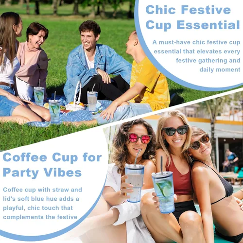 Miniatura 7 de 2 Pcs 20oz Plastic Ribbed Tumblers with Lid and Straws Blue Plastic Reusable Iced Coffee Cups with Lid Unbreakable Vintage Ribbed Drinking Glasses