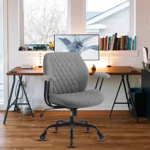 Miniatura 6 de YFO Silla de Escritorio de Oficina Ergonómica Moderna, Cuero Gris con Soporte Lumbar, Altura Ajustable, Giratoria, Reposabrazos, para Oficina