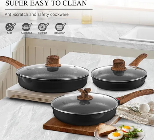 Miniatura 7 de Vinchef Sartenes antiadherentes de 8" con tapa, sartén utilizada para todas las estufas, utensilios de cocina no tóxicos para inducción, sartenes