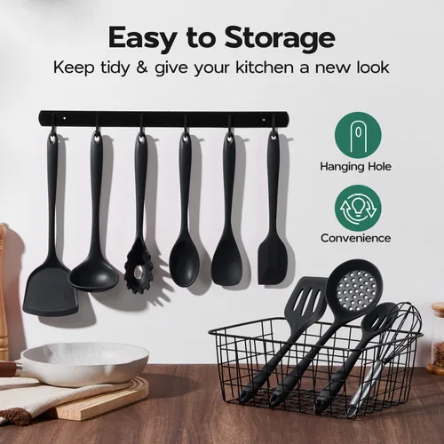 Miniatura 6 de Onader Juego de utensilios de cocina de silicona, 10 piezas de utensilios de cocina negros para utensilios de cocina antiadherentes, no tóxicos