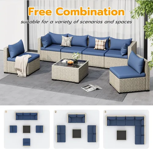 Miniatura 4 de UDPATIO Juego de muebles de patio al aire libre, sofá modular de 7 piezas con mesa de té, juego de conversación al aire libre de mimbre PE para Azul