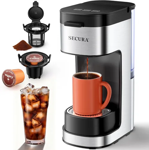 Secura Cafetera de una sola porción K Cup y cafetera molida 2 en 1 con 3 modos de preparación, depósito extraíble y bandeja de goteo, tamaños de