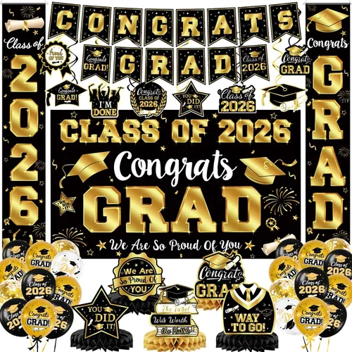 Miniatura 21 de Decoraciones de graduación 2026, juego de decoraciones de graduación rojo y negro con pancarta y telón de fondo de felicitaciones, letrero