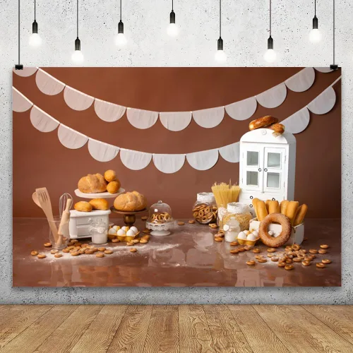 Miniatura 2 de YongFoto Fondo de Mesa de Panadería para Hornear 5x3 pies Pan Dona Galleta Gabinete Blanco Fondo de Fotografía Niño Niña Cake Smash Cumpleaños Baby