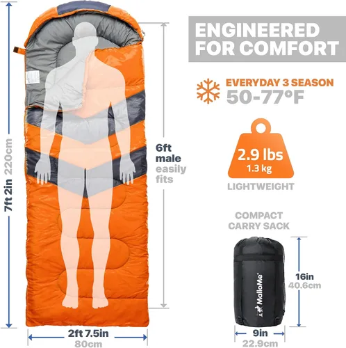 Miniatura 3 de MalloMe Sacos de dormir para adultos en clima frío y cálido – Saco de dormir para niños, niñas, niños – Accesorios ligeros esenciales de camping