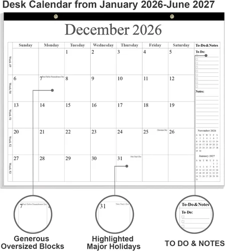 Miniatura 2 de Calendario de escritorio 2026 – Calendario 2026-2027 de enero de 2026 a junio de 2027, calendario de 18 meses con papel grueso para oficina, hogar