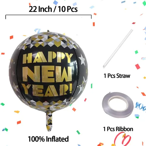 Miniatura 3 de KALOR Globos de papel de aluminio de 22 pulgadas de feliz año nuevo, 10 piezas, globos grandes 4D gigantes redondos de papel de aluminio metálico