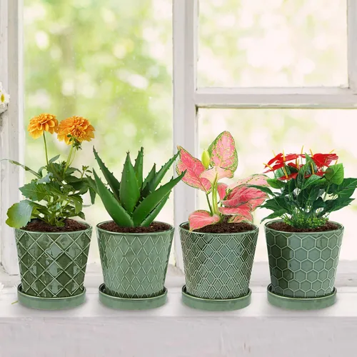 Miniatura 7 de Macetas de cerámica EFISPSS, macetas de 5 pulgadas con agujeros de drenaje y bandeja de cerámica, diseño en relieve para plantas de flores, set
