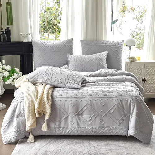 Miniatura 11 de Edredón con Mechones Tamaño King Juego de 3 Piezas Beige Boho Decoración de Dormitorio Estilo Granja para Todas las Estaciones Edredón Tamaño King