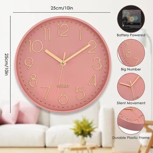 Miniatura 5 de Lumuasky Reloj de pared rosa, moderno, funciona con pilas, analógico, pequeño, lindo, silencioso, sin tictac, reloj decorativo para escuela