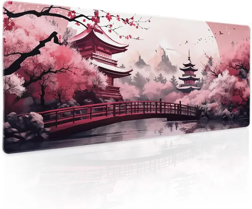Miniatura 81 de Alfombrilla de ratón rosa y verde anime geométrica japonesa extendida para escritorio 90X40 CM, base de goma antideslizante, borde cosido