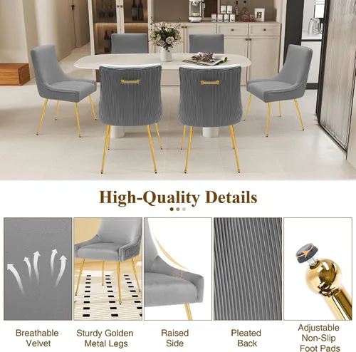 Miniatura 6 de adochr Juego de 2 sillas de comedor de terciopelo, modernas sillas de cocina tapizadas con asa y respaldo plisado, silla decorativa de mediados