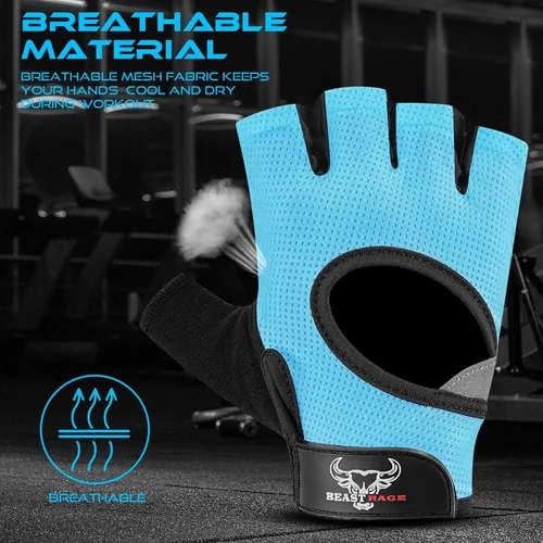 Miniatura 7 de BEAST RAGE Guantes sin dedos para levantamiento de pesas con acolchado de protección en la palma, guantes de gimnasio transpirables y ligeros