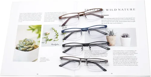 Miniatura 9 de HIGHLIKE Gafas de lectura con luz azul para hombre, lentes de lectura de medio marco de metal, bisagra de resorte, lentes transparentes con bolsas